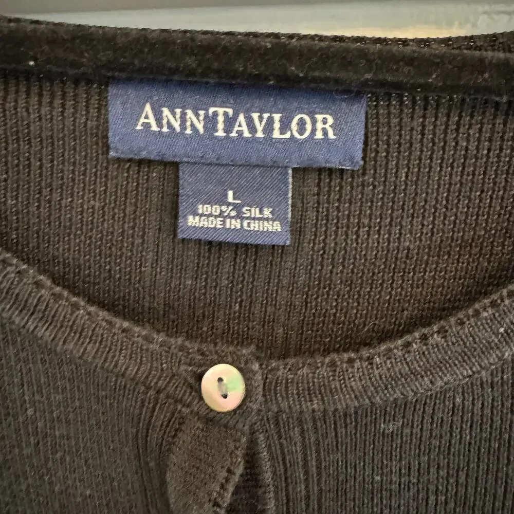 Vintage Ann Taylor 100% Silk Black Cardigan Size Large Button Front Quiet Luxury